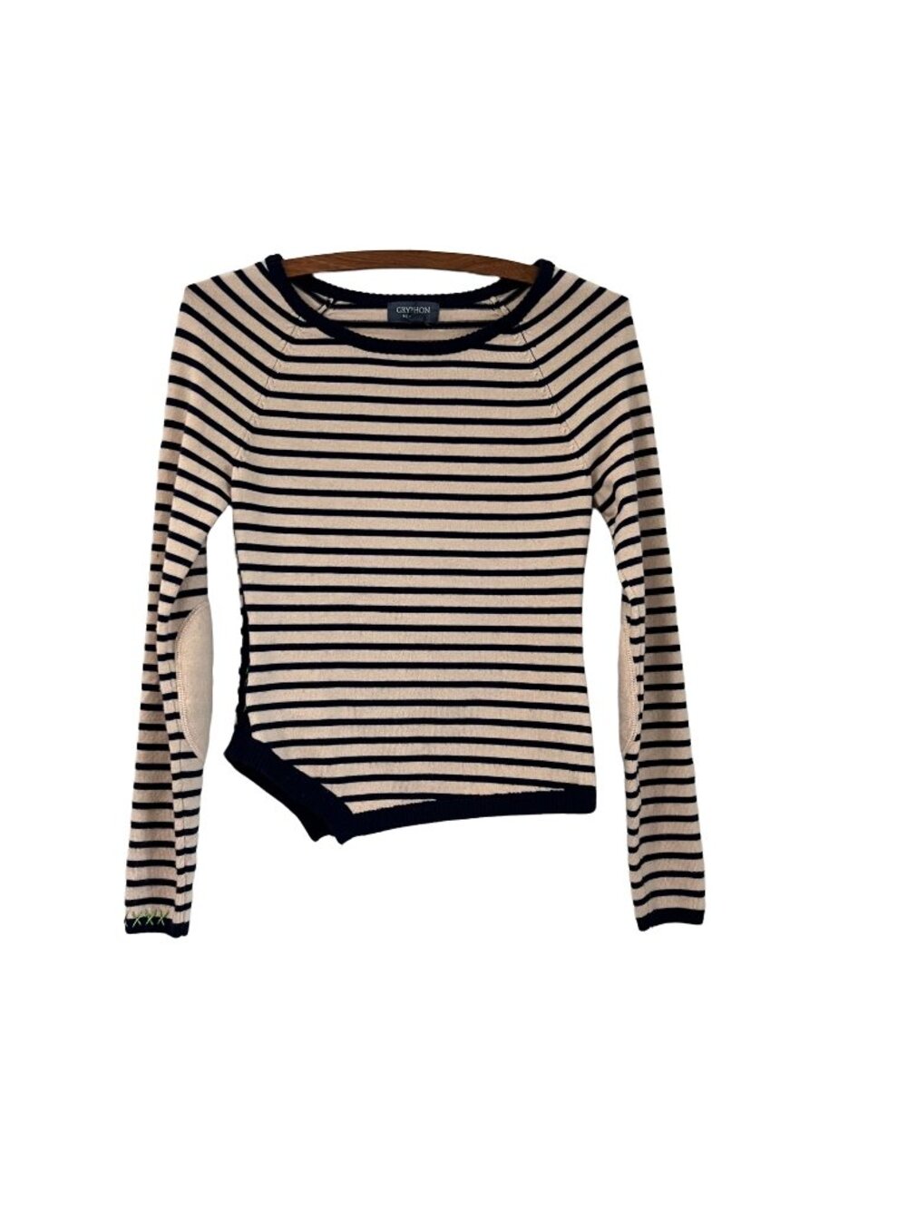 Gryphon Womens Beige Navy Striped Elbow Patch Wool Blend Pullover Sweater XS